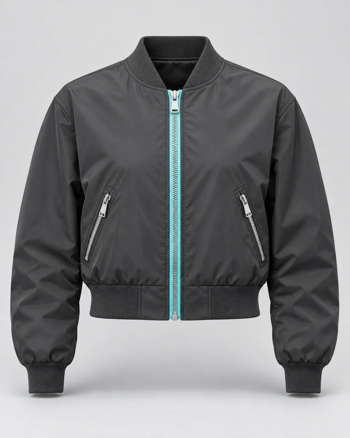 Charcoal bomber jacket with an aqua front zipper, ribbed cuffs and two angled zip pockets on a pale background.