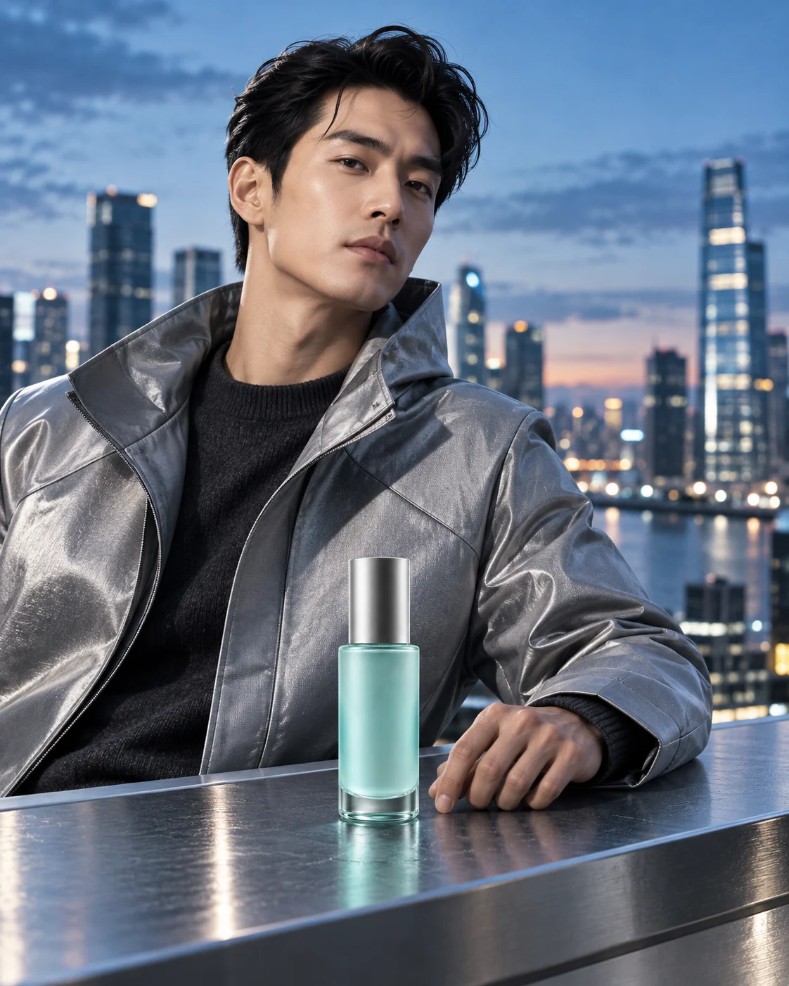 Adult model in a silver jacket seated behind the aqua serum bottle on a reflective rooftop table at dusk.