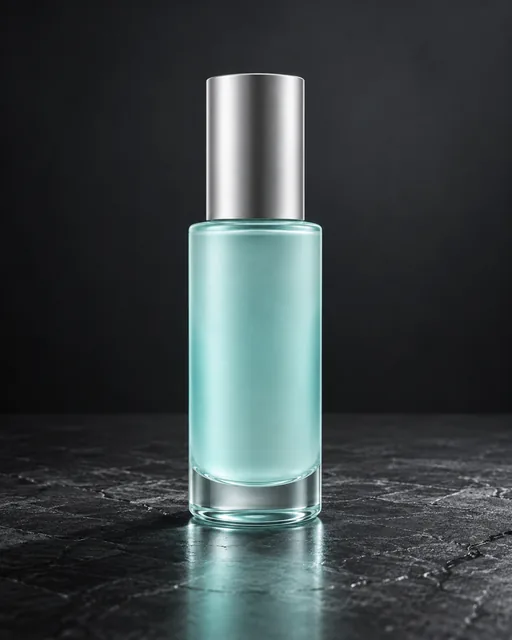 Aqua glass serum bottle with a silver cylindrical cap on dark stone.
