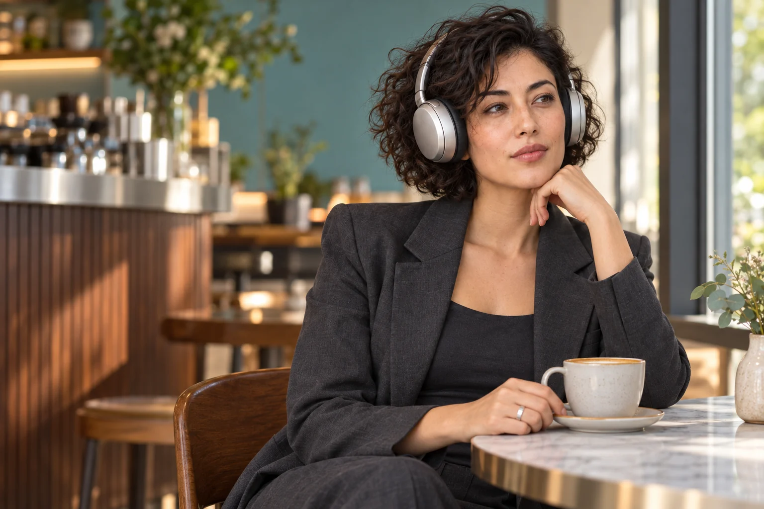 The same adult wearing silver headphones and a charcoal suit, seated beside a cup at a café table.