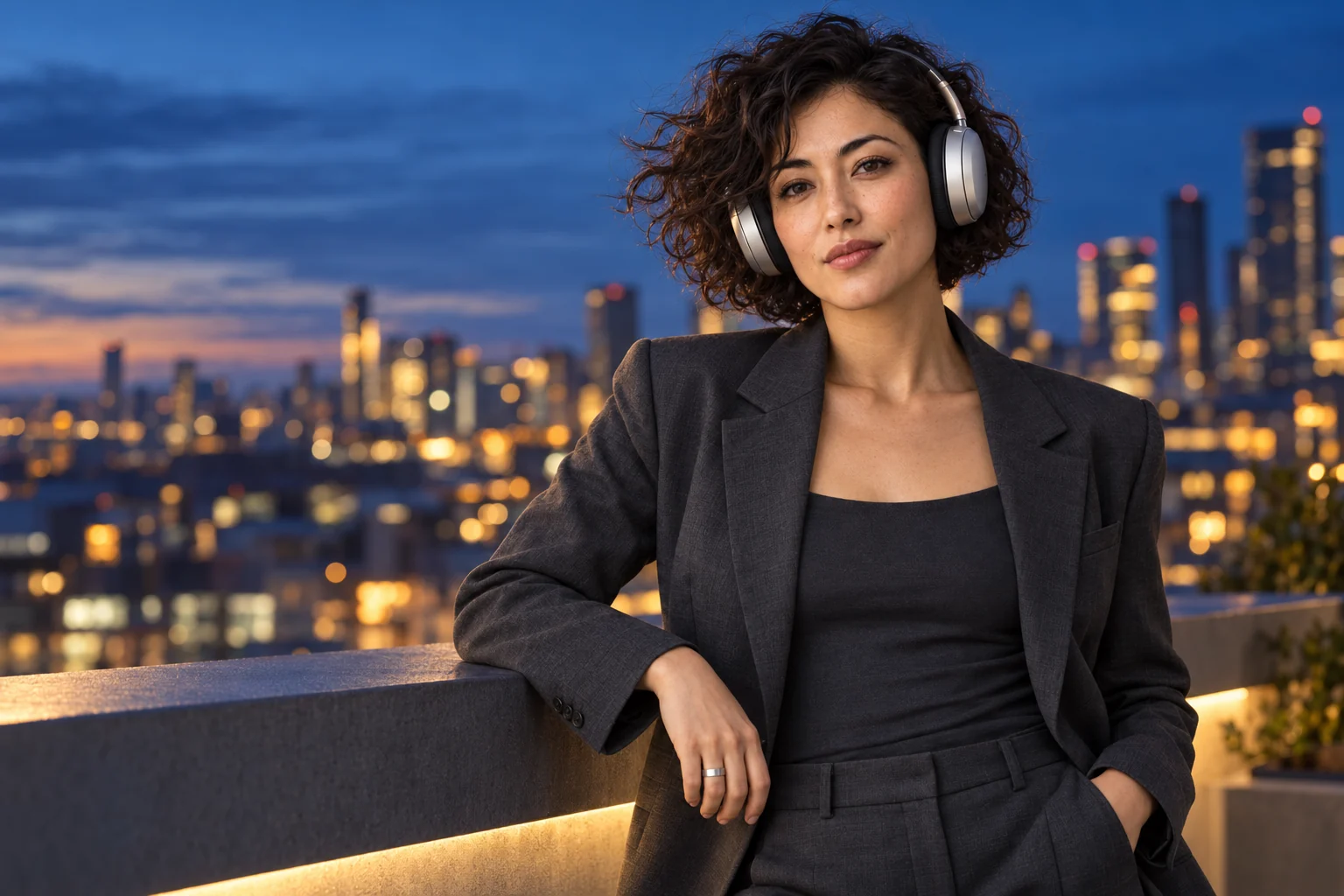 The same adult wearing silver headphones and a charcoal suit on a rooftop above evening city lights.