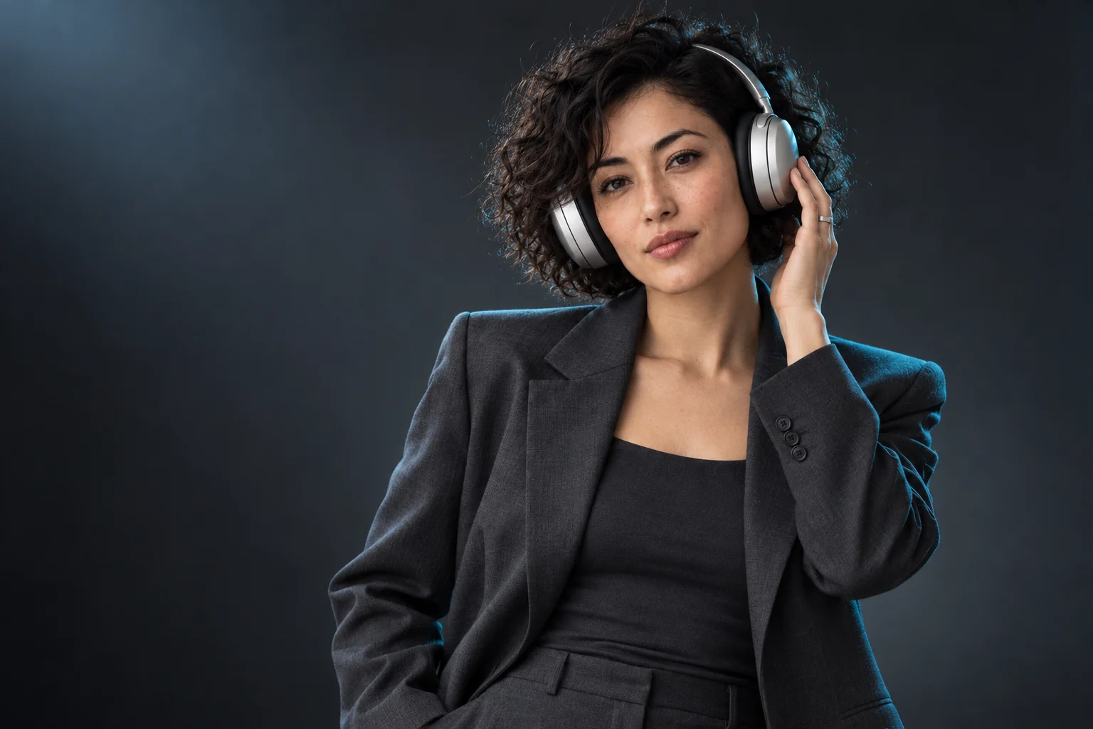 Curly-haired adult in a charcoal suit wearing silver headphones against a dark backdrop with an aqua rim light.