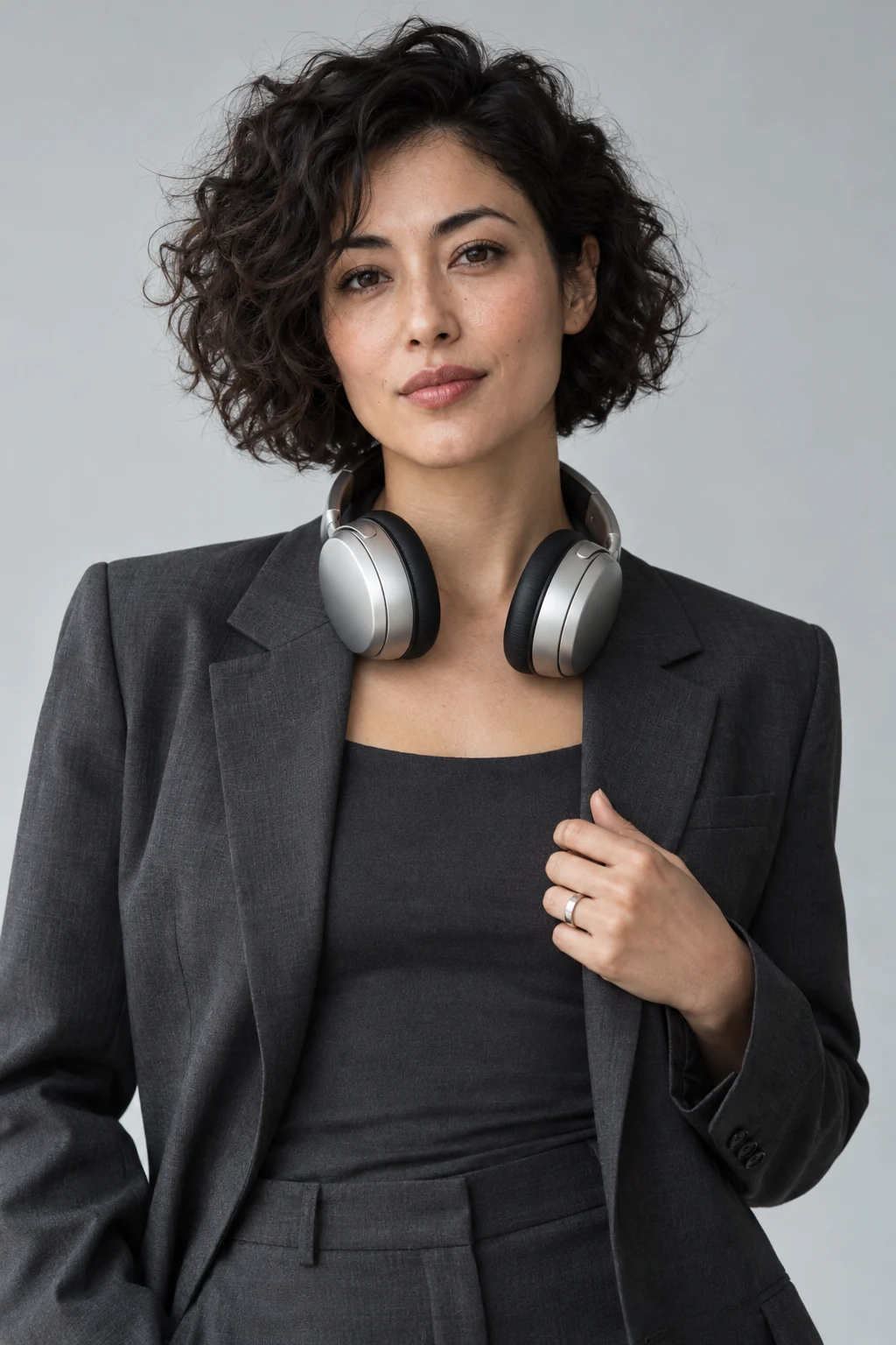 Synthetic adult with short dark curls and a charcoal suit, with silver headphones resting around their neck.