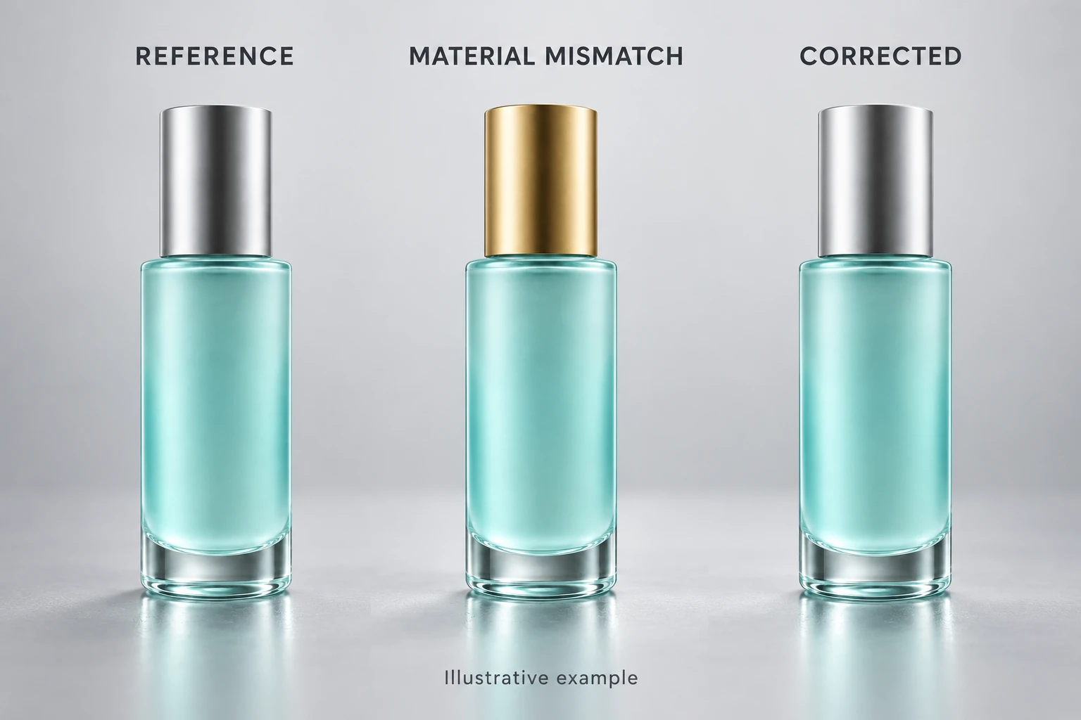 Three serum bottle panels compare a silver reference cap, a gold mismatch and a silver corrected example.